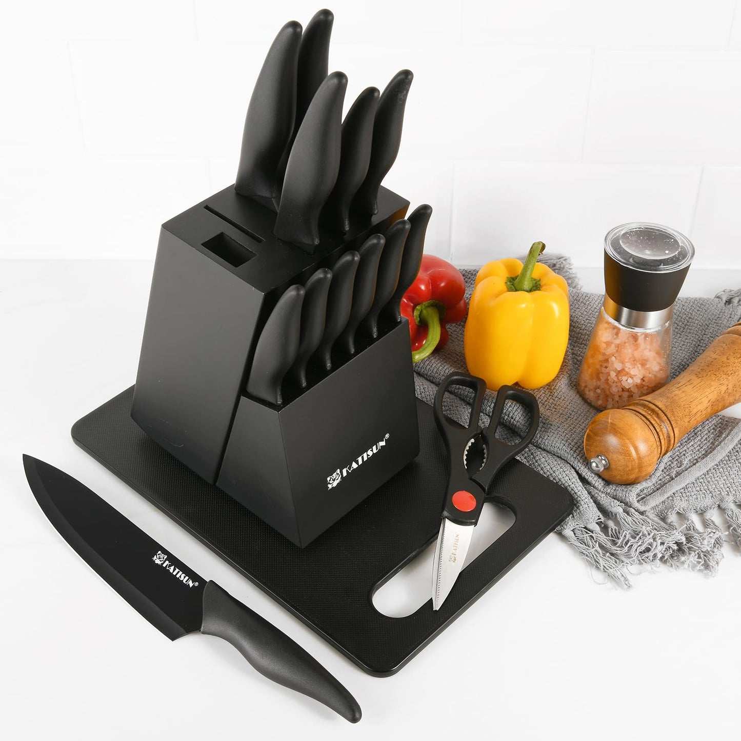 16-Piece Stainless Steel Knife Set with Block & Cutting Board
