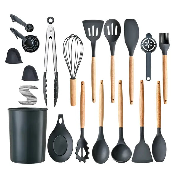 35-Piece Silicone Kitchen Utensil Set with Wooden Handles