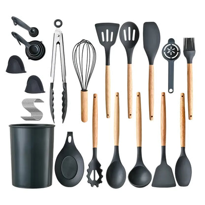 35-Piece Silicone Kitchen Utensil Set with Wooden Handles