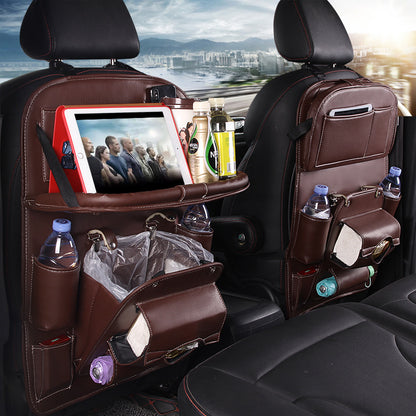 Premium Waterproof PU Leather Car Backseat Organizer with Foldable Tray