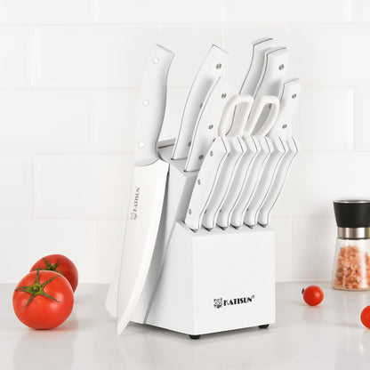 15-Piece White Stainless Steel Knife Set with Block