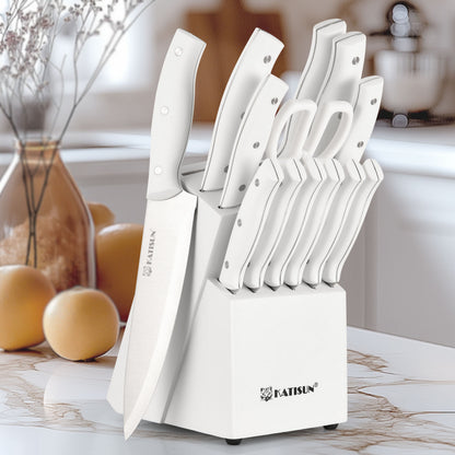 15-Piece White Stainless Steel Knife Set with Block