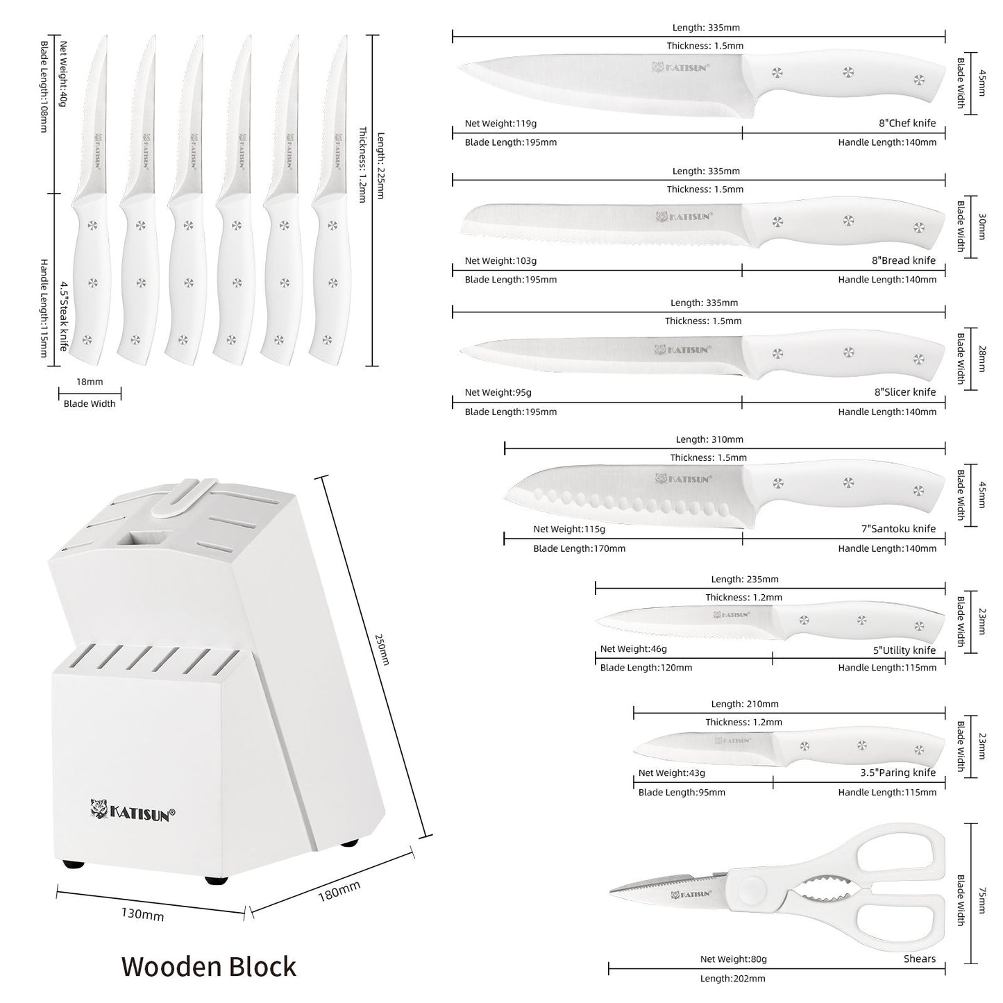 15-Piece White Stainless Steel Knife Set with Block