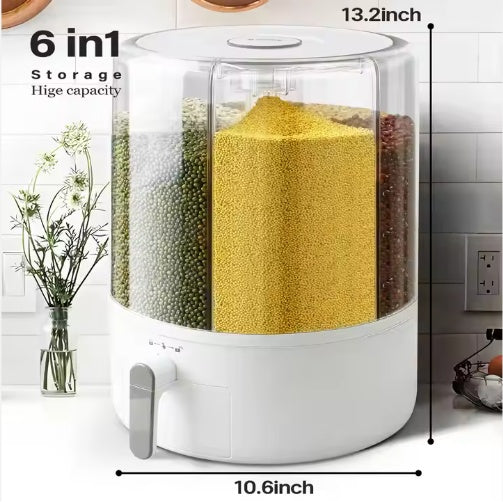 6-Grid Rotating Food Storage Container for Rice, Grains & Cereal