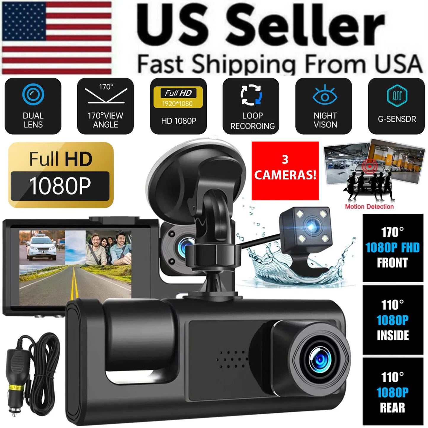 1080P Dual Lens Dash Cam with Front, Rear & Interior Recording