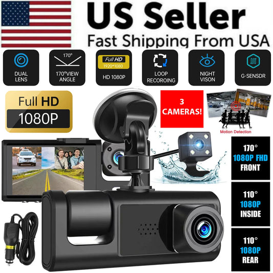 1080P Dual Lens Dash Cam with Front, Rear & Interior Recording