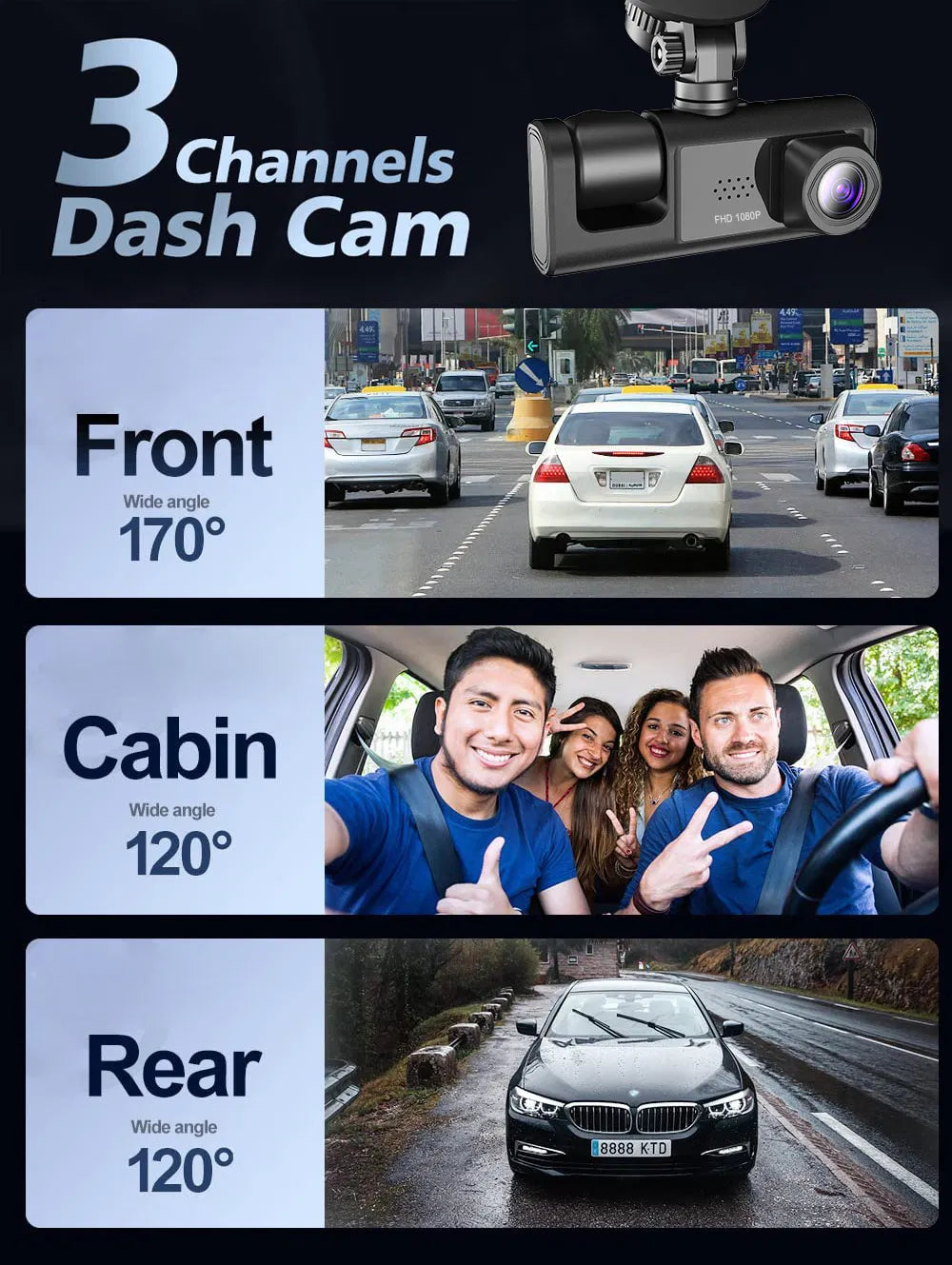 1080P Dual Lens Dash Cam with Front, Rear & Interior Recording