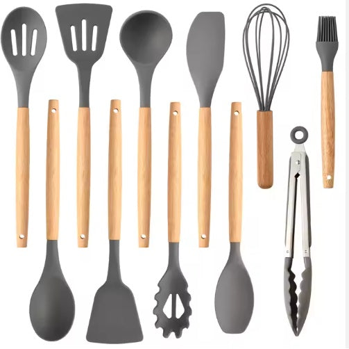 12-Piece Silicone Kitchen Utensil Set with Wooden Handles