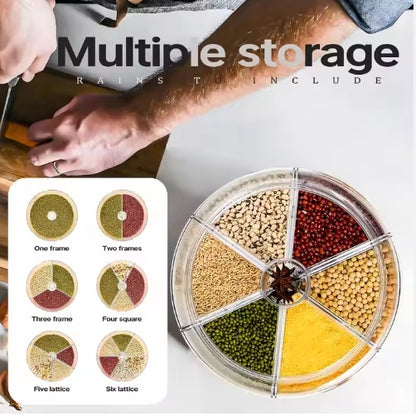 6-Grid Rotating Food Storage Container for Rice, Grains & Cereal