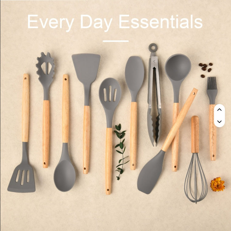 12-Piece Silicone Kitchen Utensil Set with Wooden Handles