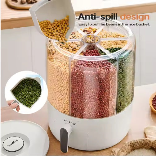6-Grid Rotating Food Storage Container for Rice, Grains & Cereal