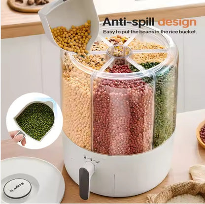 6-Grid Rotating Food Storage Container for Rice, Grains & Cereal
