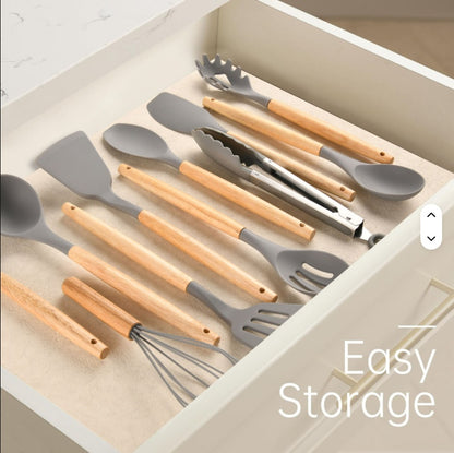 12-Piece Silicone Kitchen Utensil Set with Wooden Handles
