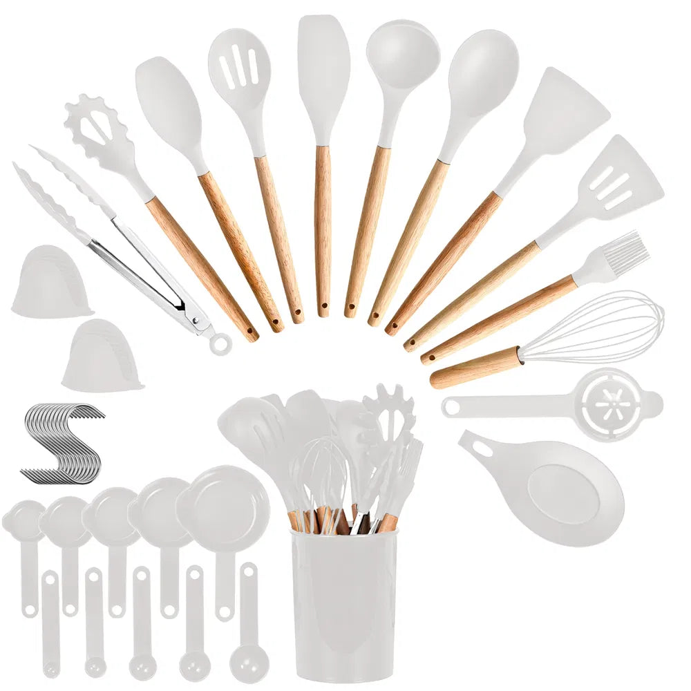 35-Piece Silicone Kitchen Utensil Set with Wooden Handles