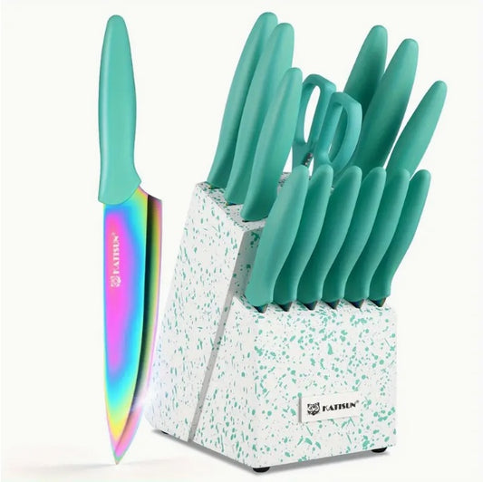 14-Piece Rainbow Stainless Steel Knife Set with Block