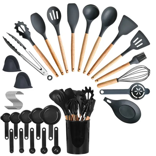 35-Piece Silicone Kitchen Utensil Set with Wooden Handles