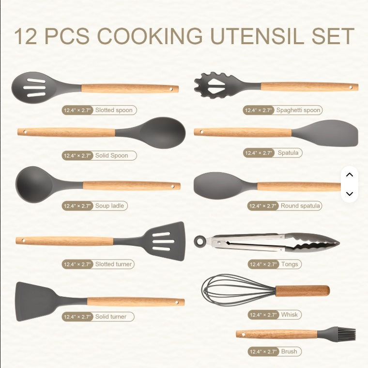 12-Piece Silicone Kitchen Utensil Set with Wooden Handles